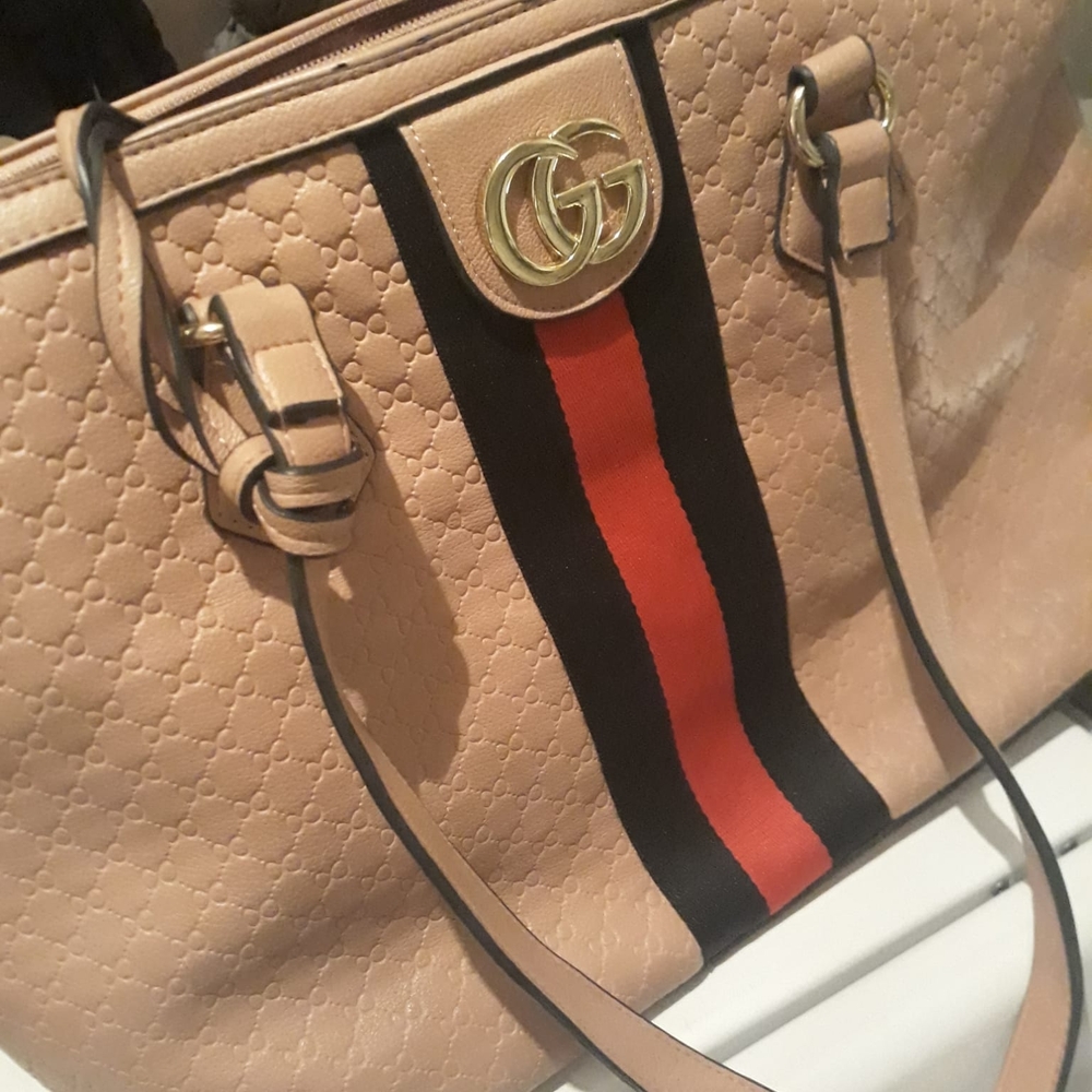 Gucci  Vintage Beige Tote with Red and Black Stripe